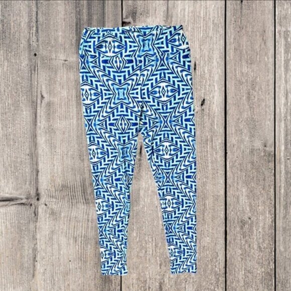 LuLaRoe Blue Geometric with Yellow Accent Lightweight Leggings Pants Women's OS - Picture 3 of 9